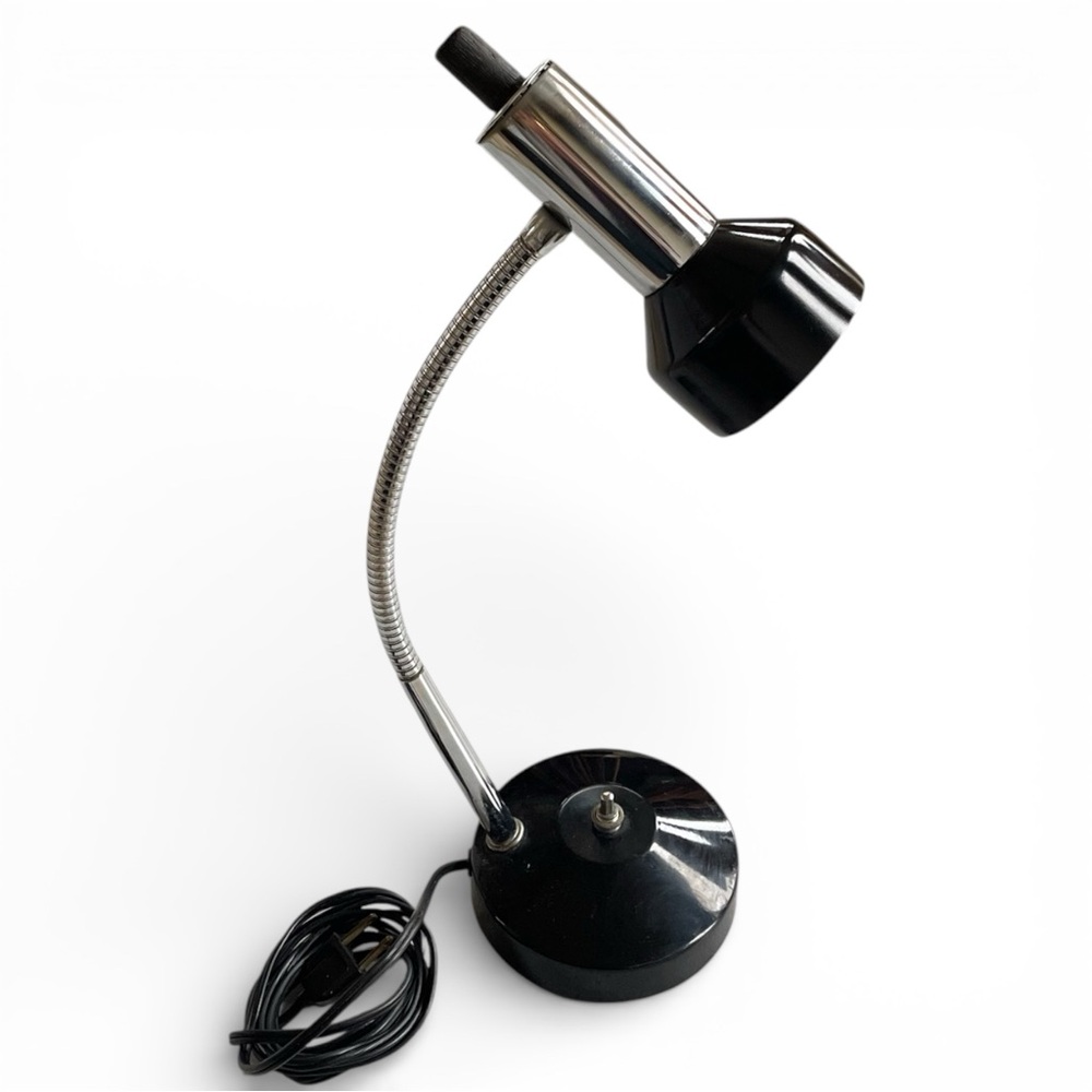 Vintage Heyco MCM Black & Chrome Goose Neck Small Desk Lamp Light